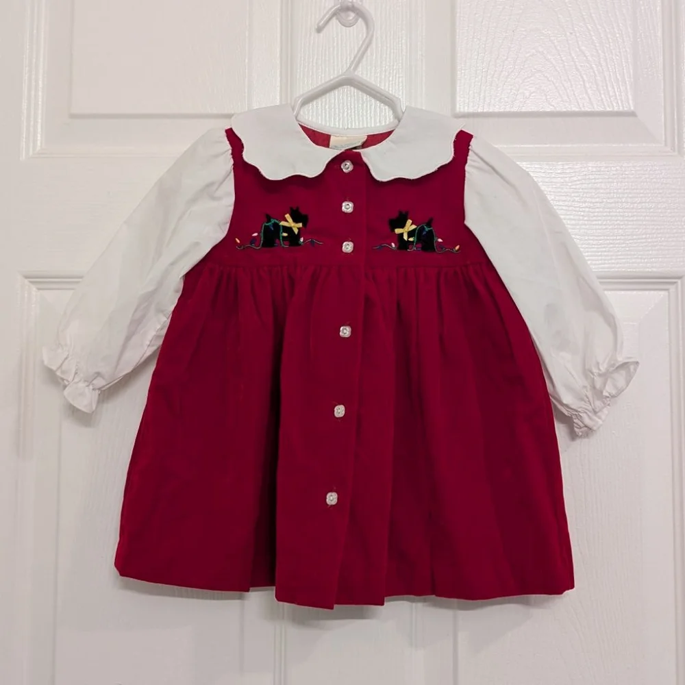 Vintage Girls OshKosh B'gosh Christmas Red Velvet Dress 18mos Scottie Dog